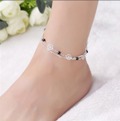 Fashion Ankle Chain S925 Sterling Silver Multi Layer Handmade beading Floral Pattern Ankle Bracelets Barefoot Sandals Womens Anklet