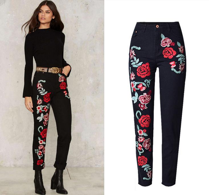 

Womens Jeans Embroidered Flowers Boyfriend Fashion Black Female Floral Jeans Mujer Vintage High Waist Plus Size Wide Leg Pants