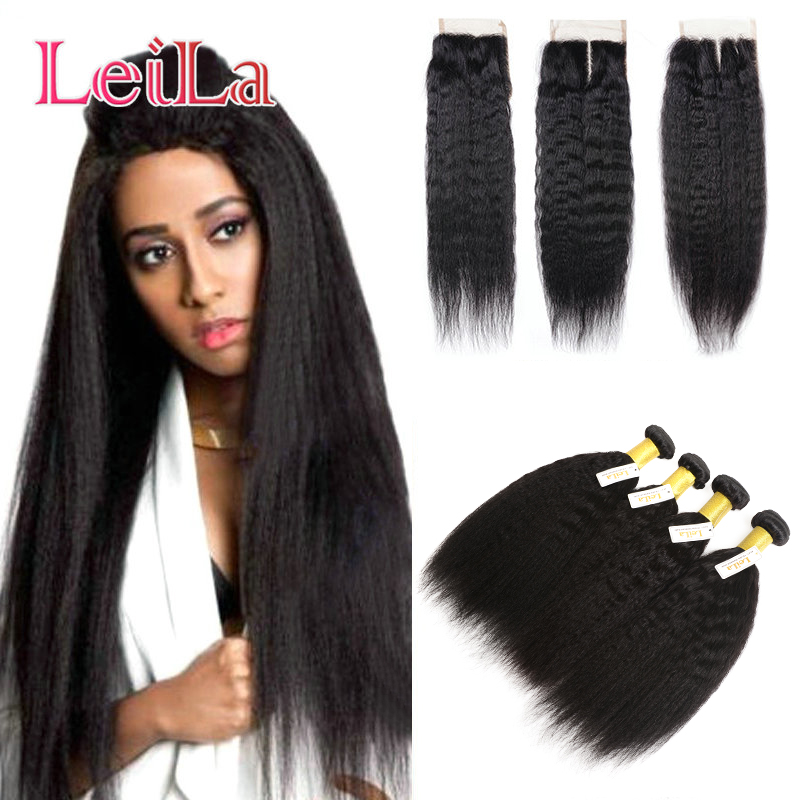 Full 4 Bundles avec Lace Closure Malaysian Kinky Straight Human Hair 5 Pièces Grossier Yaki Livraison Gratuite Cheveux Complets