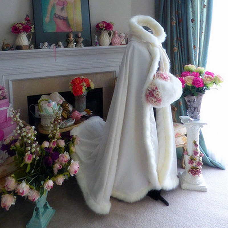 

Fashion Arrival Faux Fur Wedding Capes Hooded Navy Blue Plush Wedding Cloak Long Bridal Cloaks Jacket Wedding Dresses Accessories