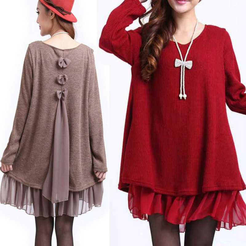 Mode femmes noeud papillon haut volant grande taille épissure jour robe pull décontractée Blouse robes à col rond
