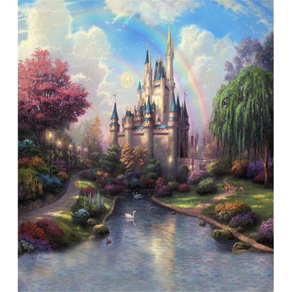 

Vinyl Photo Background Fairy Tale Castle Wedding Backdrop Blue Sky Clouds Rainbow Trees River Photographic Backgrounds for Kids Children