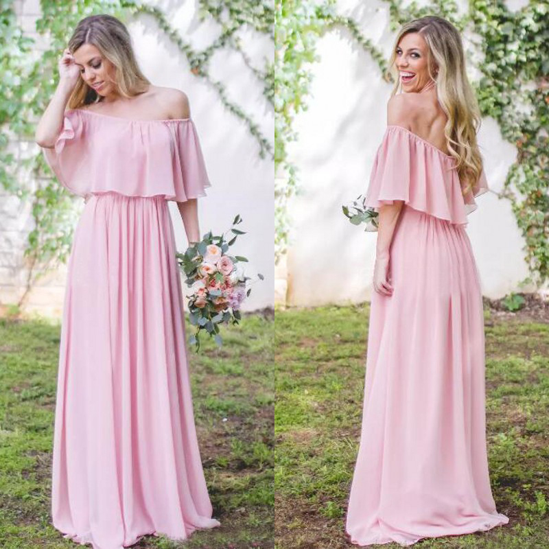 

Chic 2017 Pink Chiffon Off The Shoulder Bohemian Country Bridesmaid Dresses Long Cheap Ruched Floor Length Maid Of Honor Gowns EN8086