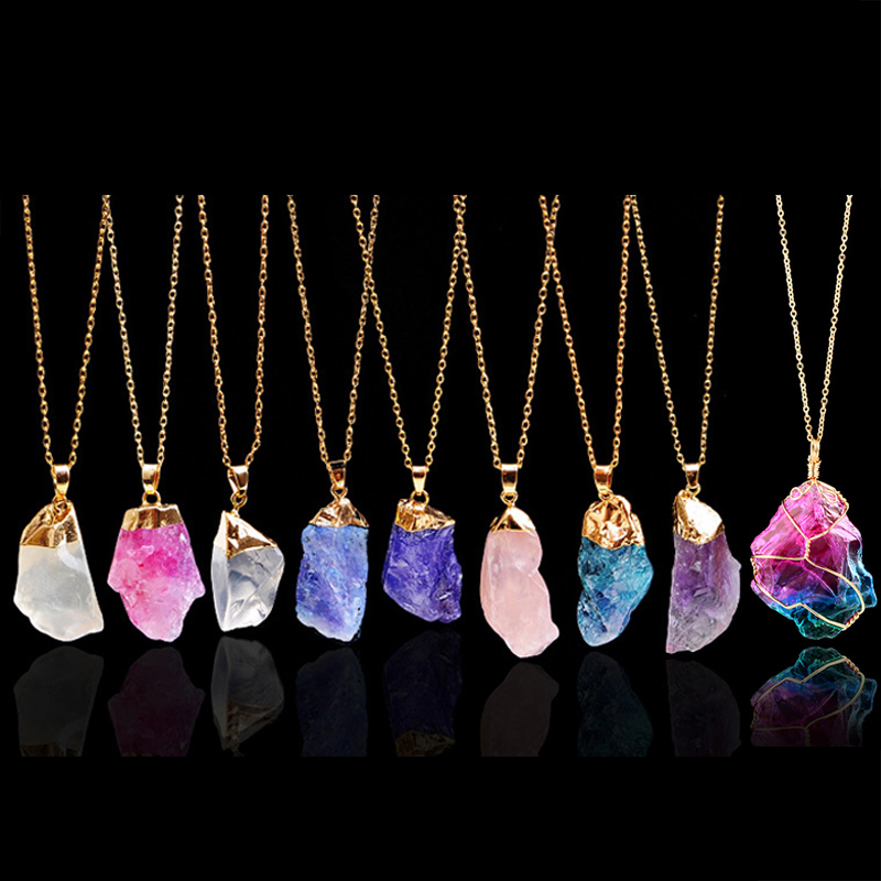 

Natural Stone Pendant Necklace Irregular 9 colors Crystal Necklace Slice Pendant Sweater Chain Necklace Jewelry for Women Christmas Gift, Silver