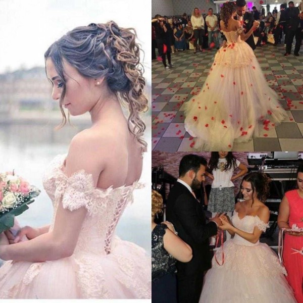 

New Couture Blush Pink Wedding Dresses 2017 Off Shoulder Lace Backless Vintage Bridal Gowns Sweep Train Custom Made, Same as image