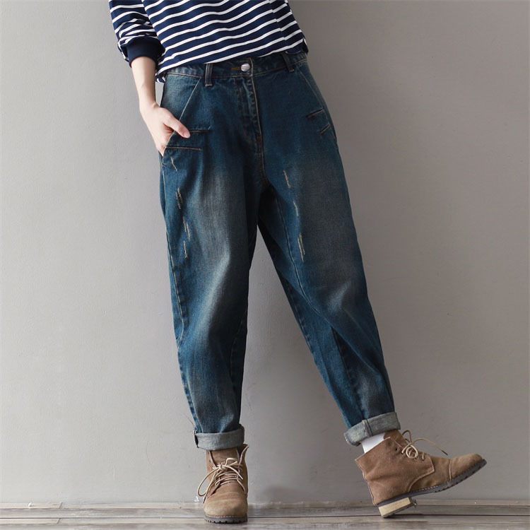 

Wholesale- Women Loose Vintage Denim Pants Ladies Spring New Retro Simple Denim Trousers for Female Bleached Jeans, Blue