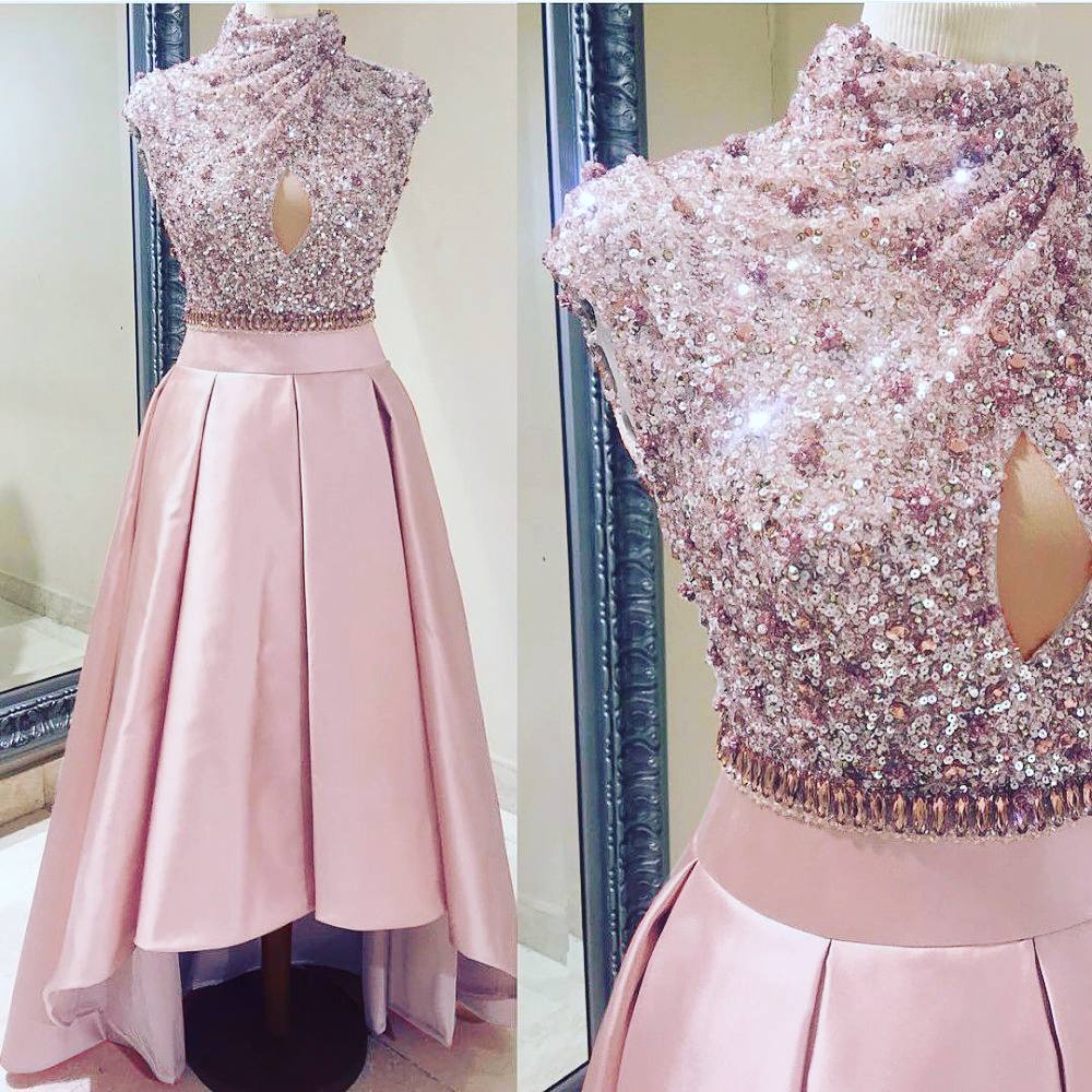 

Charming High Low Sequined Homecoming Dresses High Neck Beaded Short Prom Gowns Satin Pleats A Line Formal Cocktail Dress, Lavender