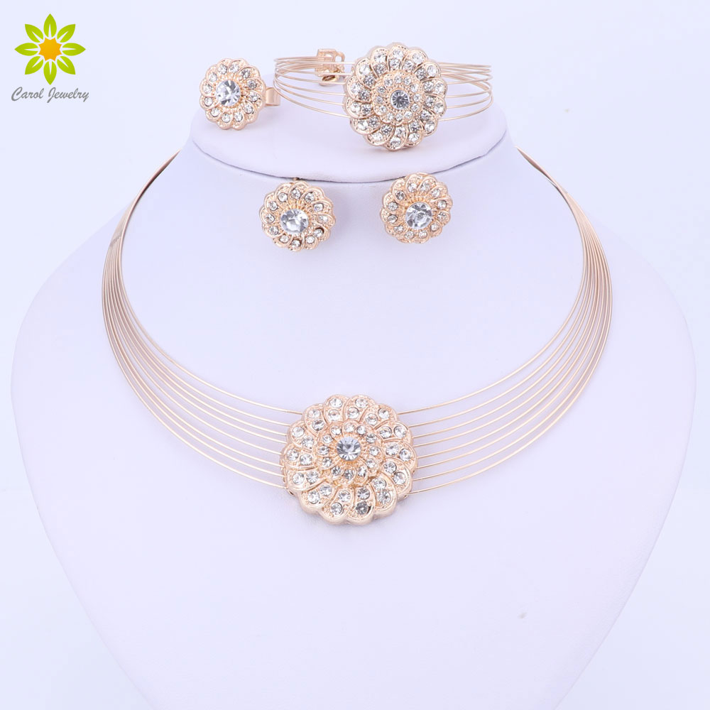 

Gold Color African Beads Jewelry Sets Flower Choker Necklace Earrings Set Crystal Wedding Bridal Dress Accessories