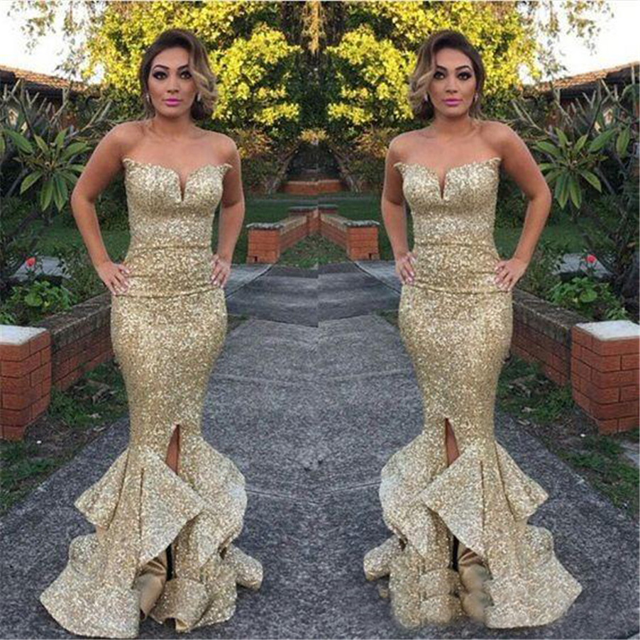 

Strapless Formal Elegant Mermaid Prom Gowns Custom Made Sexy Gold Sequins Evening Dresses High Front Split Prom Dress, Fuchsia