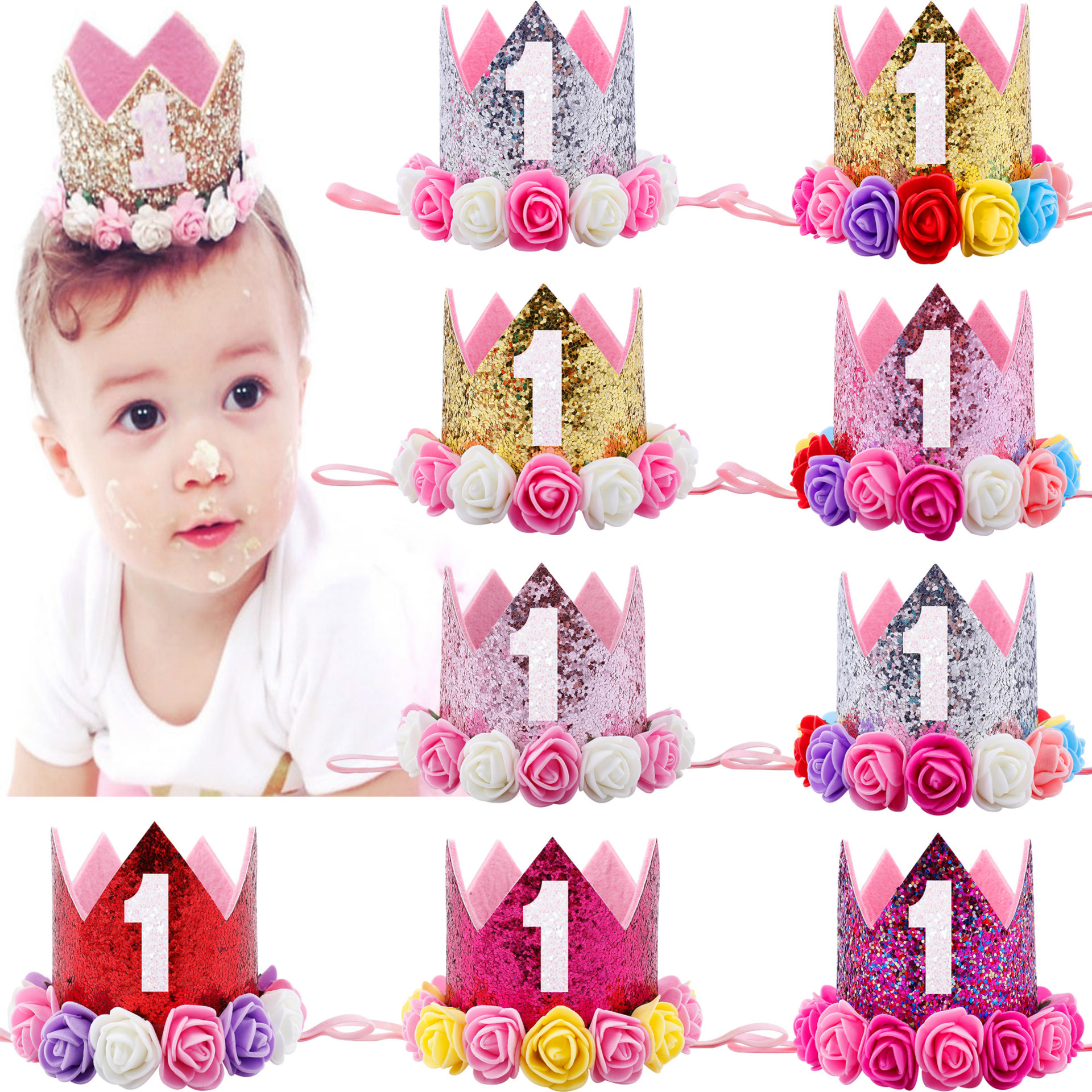 

Hot New Baby 1st Birthday Sparkly Party Crown Artificial Pink and Creamy Rose Flowers Tiara Headband HJ145