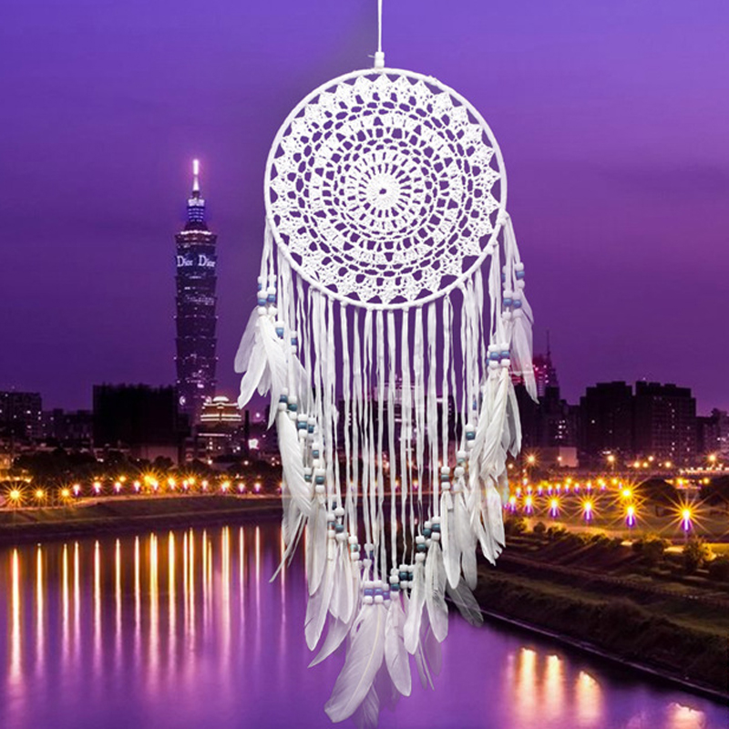 

Handmade Lace Dream Catcher Circular With Feathers Hanging Decoration Ornament Craft Gift Crocheted White Dreamcatcher Wind Chimes