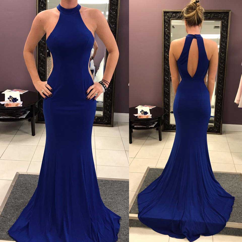 Halter High Neck Royal Blue Mermaid Prom Dresses Long Evening Dress Sweep Train Cutaway Sides Hollow Chiffon Party Gowns Custom Made-image-399071200