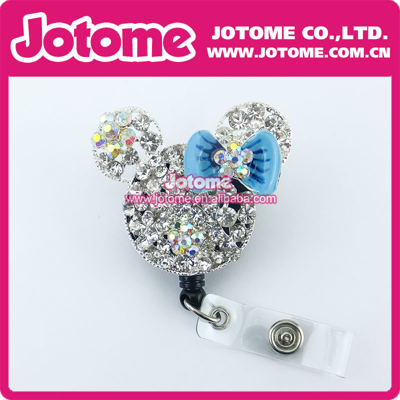 

100pcs Key Rings Cute Cartoon Mouse Head shape ID Badge Reel Crystal Rhinestoone Animal Badge Holder For Nurse Student Staff Teacher