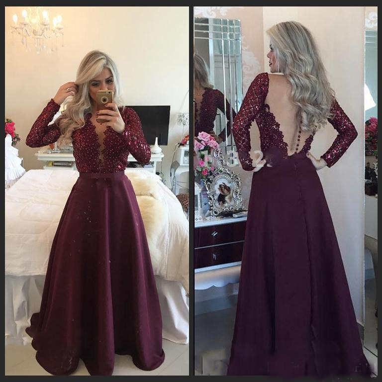 Dark Red Long Sleeves Sexy Deep V Neck Prom Dresses 2019 Sheer Back Satin And Lace Arabic Formal Bridal Party Gowns Evening Wear
