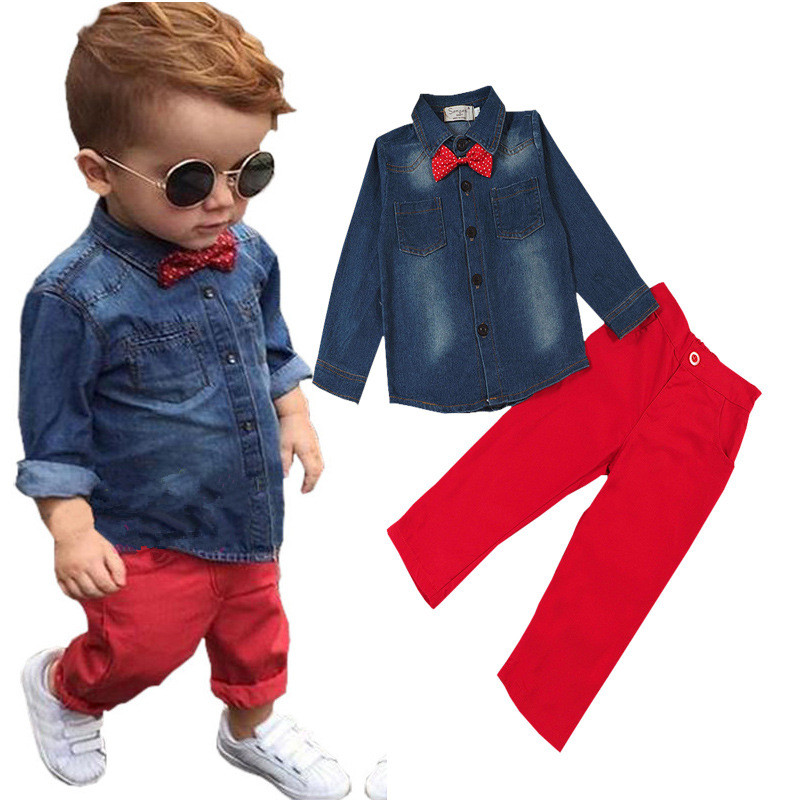 2018 nouvelle mode enfants vêtements printemps automne bébé garçons ensembles enfants à manches longues Denim chemise à nœud papillon + pantalon