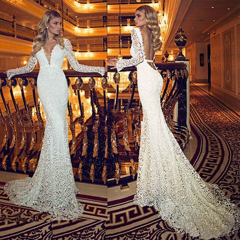 Livraison gratuite Vintage sexy robe de mariée col en V profond avec pure manches longues en dentelle dos nu longue sirène élégante robe de marié