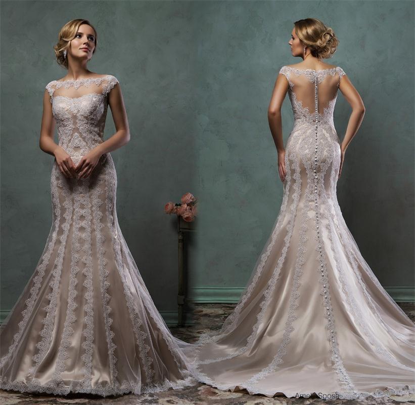 

Off Shoulder Lace Mermaid Wedding Dresses 2021 with Appliques Boat Neck Cap Sleeves See Through Bridal Gowns Vestido de noiva, Ivory