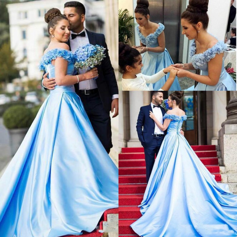 

Amazing Sky Blue Prom Dresses Sexy Off The Shoulder Lace Up Back Evening Gowns Sweep Train Celebrity Dress Formal Wear Custom Made, Light sky blue