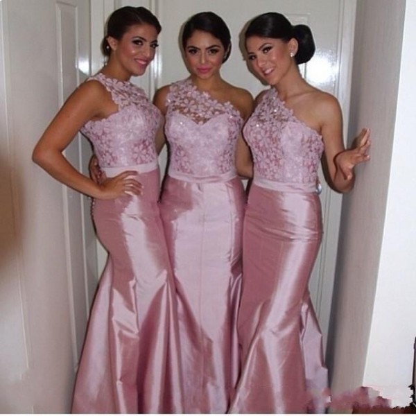 Sexy Pink Mermaid Bridesmaid Dresses Lace One Shoulder Satin Backless 2020 Long Custom Formal Evening Prom Gowns Maid of Honor Dress Cheap