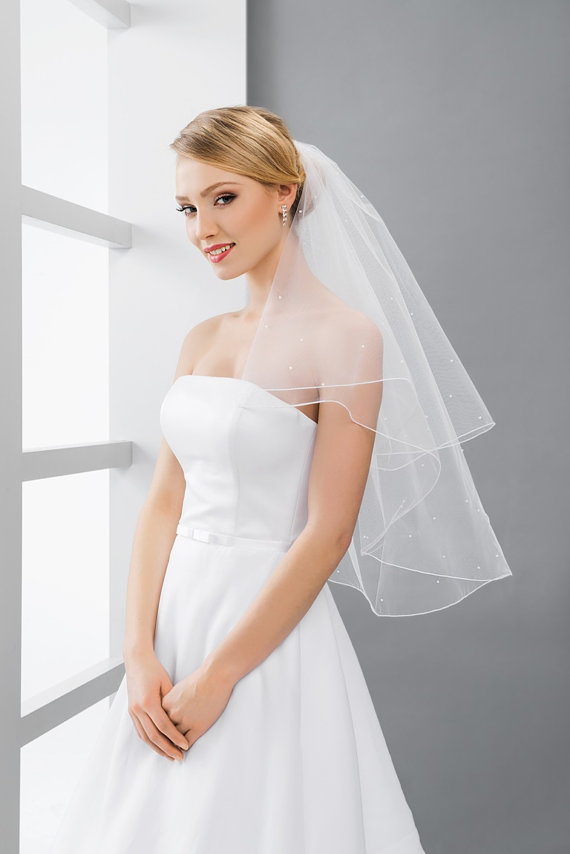 

Two Layer White Ivory Champagne Wedding Veil Bridal Veil Fingertip Length With comb Pencil Edge Beaded 179a