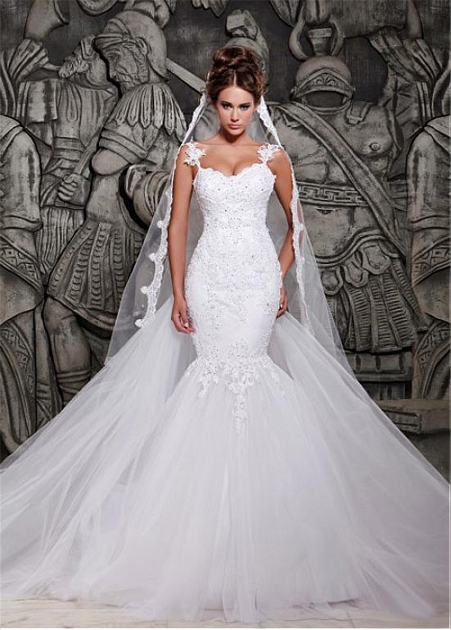 

Tulle Satin Spaghetti Straps Neckline Applique Lace Mermaid Wedding Dress Open Back Bridal Dresses, Pink