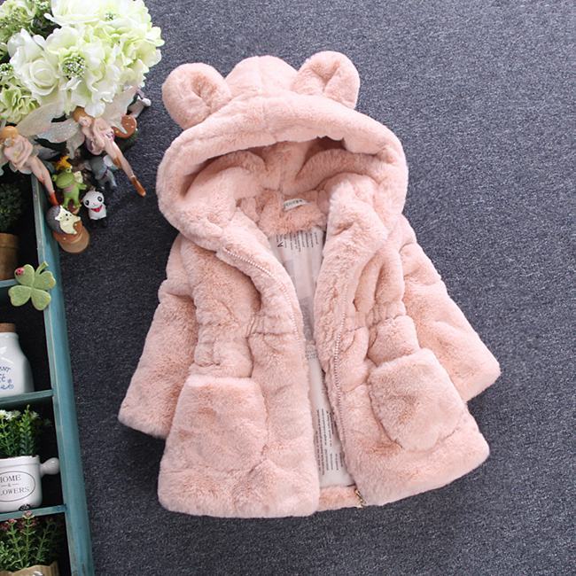 

Children faux fur coat winter new baby girls cute ear hooded Faux fur coat kids fleece thicken warm outwear children cartoon coat A00045, Black