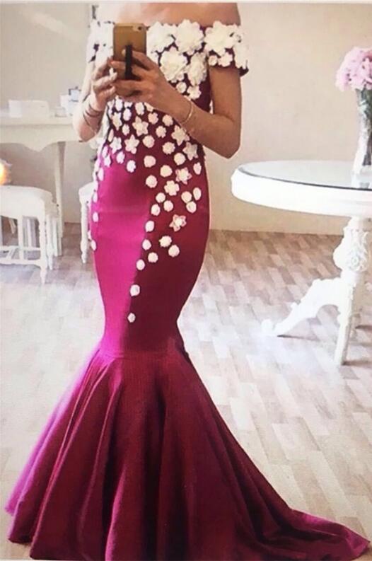 

Mermaid Appliques Off-The-Shoulder Elegant Flowers Evening Dresses with 3D Floral Flowers Red Carpet Pageant Gowns Custom Vestido De Soiree, Coral