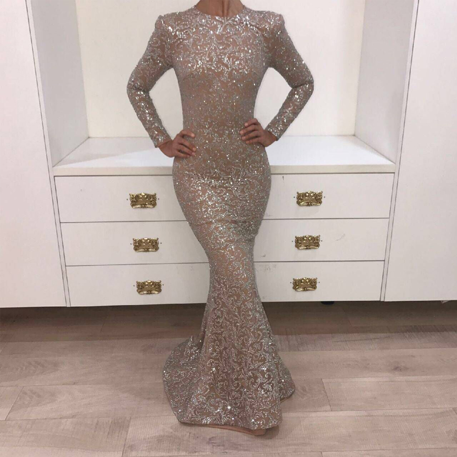 

Real Pictures 2019 Crystal Evening Gowns Dark Champagne O-neck Prom Dresses Long Sleeve Shiny Sliver Yousef Aljasmi Mermaid Party Dresses, Dark red