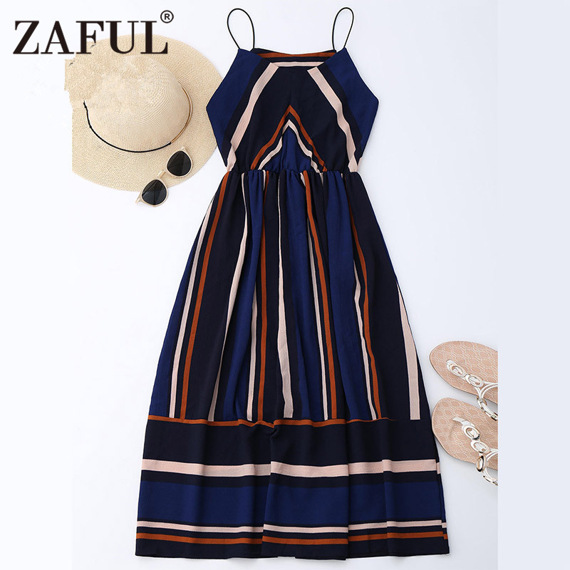 

Wholesale- ZAFUL Women Retro Dresses Summer Striped Vintage Dress Maxi Sleeveless Evening Party Dresses Feminino Vestidos De Festa robe