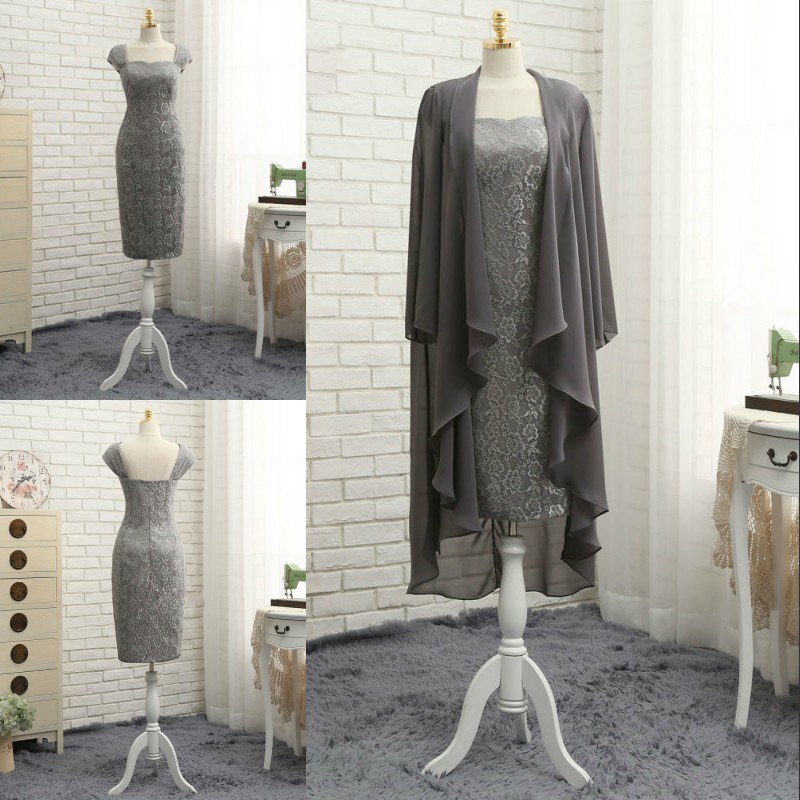 

Graceful Gray Mother Of The Bride Dress With Chiffon Coat Sweetheart Cap Sleeve Zipper Back Prom Dress Elegant Lace Knee Length Evening Gown