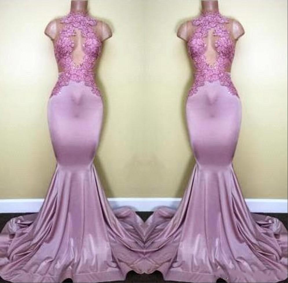 2017 Nouveau 2K17 Sirène Col Haut Illusion Robes De Bal Lilas Dentelle Appliques Creux Dos Longue Sans Manches Robe De Soirée Formelle Robes De S