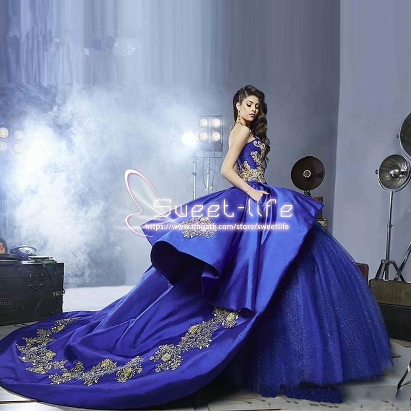 

Vintage Royal Blue 2020 Ball Gown Quinceanera Dresses with Peplum Masquerade Sweety Sweep Train Prom Dress Plus Size Party Wear, Same as image