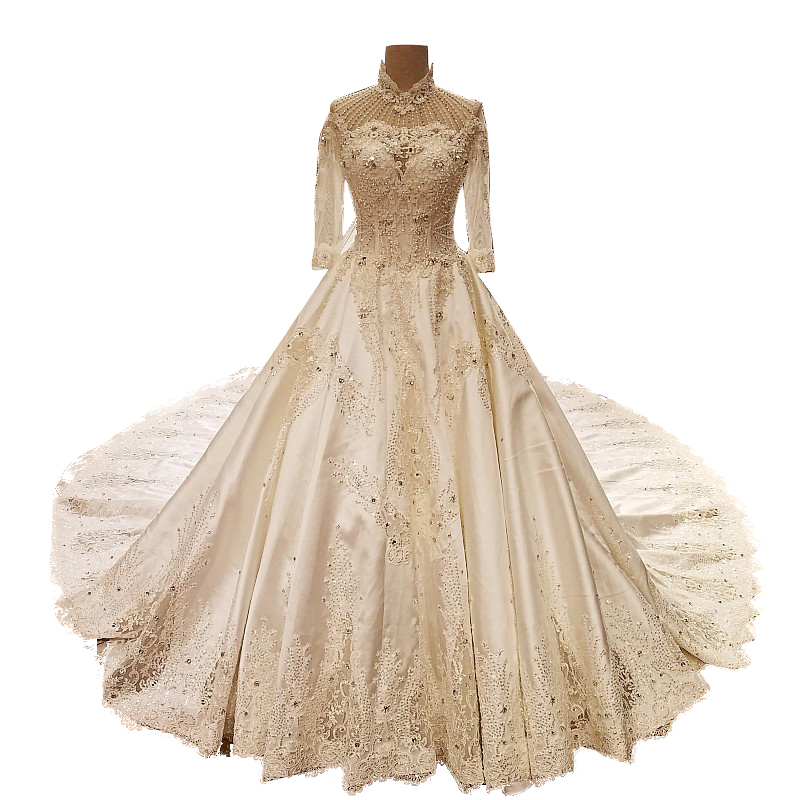 

1970s Vintage Long Sleeves Wedding Dress With Beaded Applique Crystal High Neck Cathdral Train Taffeta Wedding Guest Dress For Mother, Gold