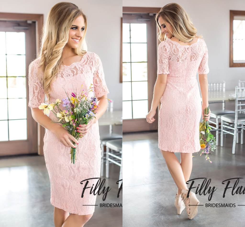

Simple Elegant Pink Full Lace A Line Bridesmaid Dresses Country Style Crew Neck Half Sleeves Zipper Back Maid of Honor Gowns