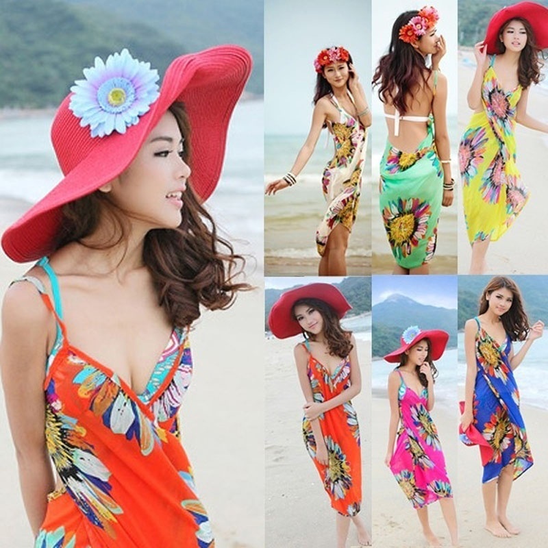 

Wholesale- 1 pcs Fashion New Deep V Wrap Chiffon Swimwear Bikini Cover Up Sarong Beach Shawl Scarves Dress Hot Beautiful Scarves