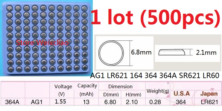

500pcs 1 lot AG1 LR621 164 364 364A SR621 LR60 1.55V Alkaline Button Cell Battery coin batteries tray Free Shipping