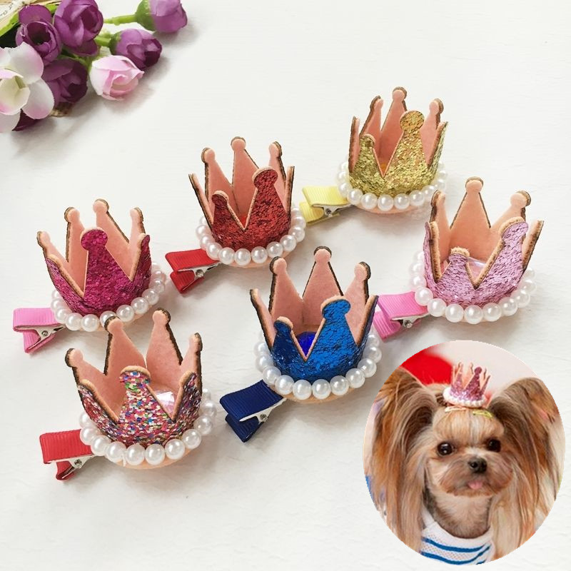 

20PCS Pets Dog Hair Bows Clips pearl crown mixed puppy Hairpins Grooming Supplies Handmade cat pet headdress accessories PD005, Mix color