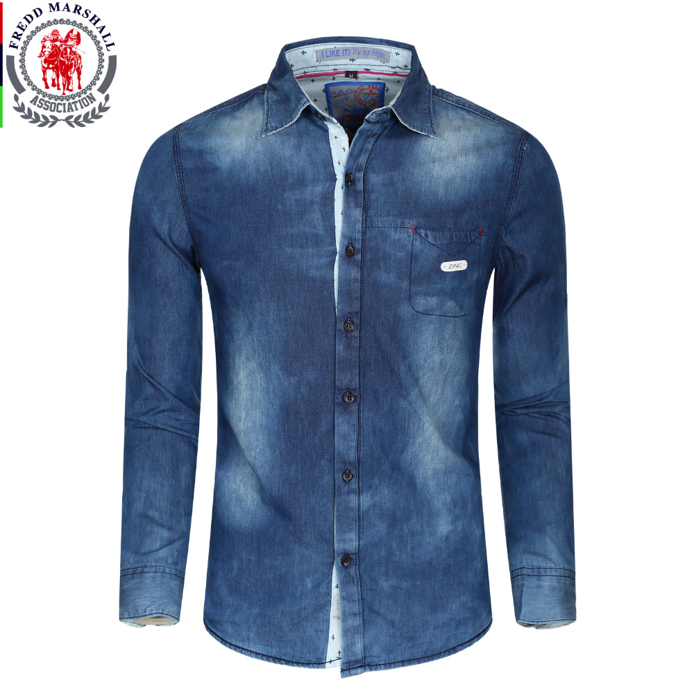 

Wholesale- New Brand Men Shirt Long Sleeve Mens Denim Shirt 100% Cotton Casual Dress Jean Shirts Plus Size 100% Cotton, 092dark blue