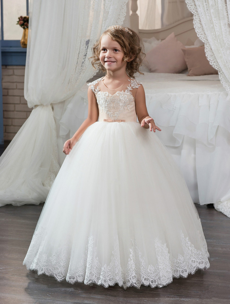 

2017 New First Communion Dresses for Girls Champagne Lace Up Sleeveless Ball Gown Appliques Flower Girl Dresses for Weddings Hot, Blue