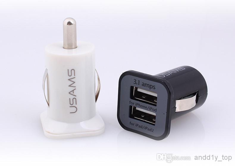 

100pcs USAMS 3.1A Dual USB Car 2 Port Charger 5V 3100mah double plug Chargers Adapter for iPhone Samsung Cell Phone