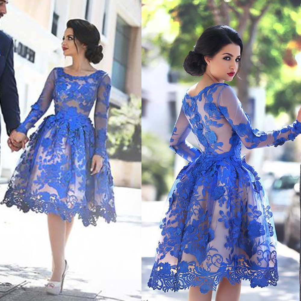 

Delicate Royal Blue Appliques Prom Dress Long Sleeve Short Homecoming Dress Cocktail Dress vestidos de festas curto