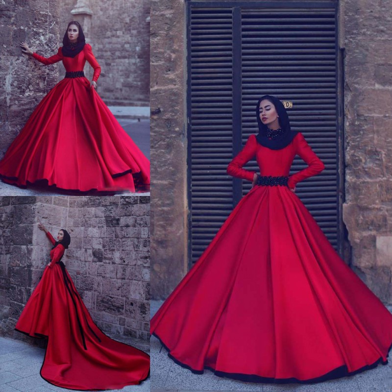 

Red Long Sleeves Muslim Evening Dresses High Neck A Line Prom Dresses With Beaded Belt Long Train Saudi Arabic Dubai Formal Party Gowns, Dark red