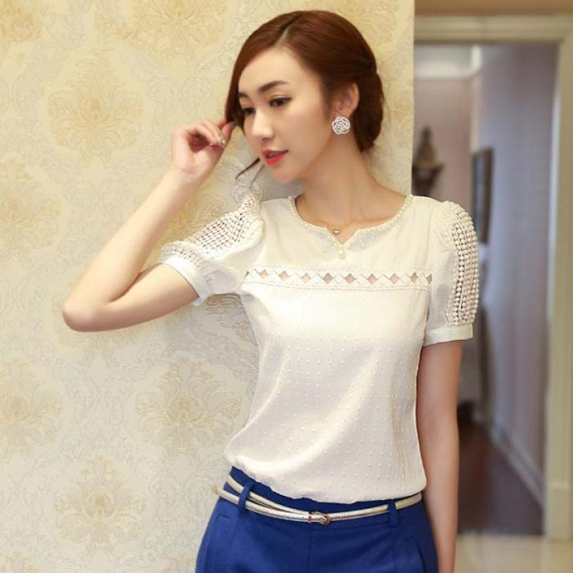 

SP 22 Fairy Store 2016 Hot Selling 1PC Lady Women Lace Short Sleeve Shirt V Neck Doll Chiffon Blouse Tops, White