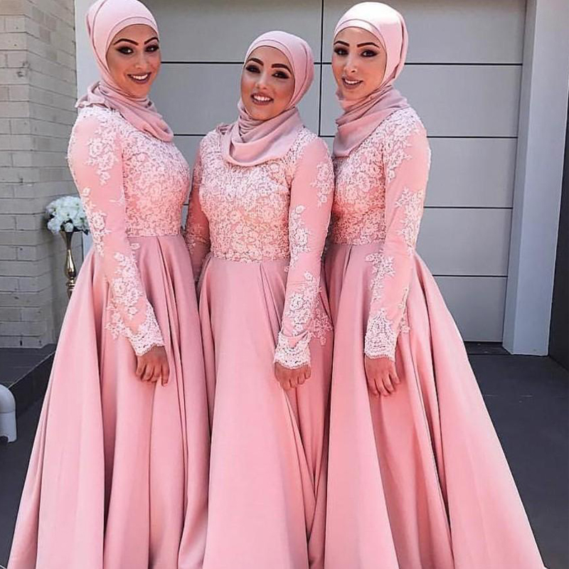 

Modest 2019 Muslim Bridesmaid Dresses High Neck Long Sleev A Line Pink Lace and Satin Arabric Modern Wedding Guest Dresses Custom Made