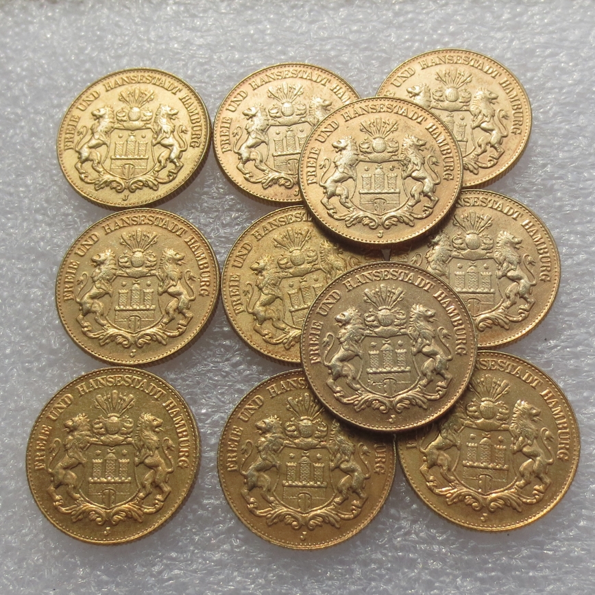 

Fulll Sets (1902-1913) 11pcs German States Hamburg 10 Mark Gold Plated copy Coin Brass Craft Ornaments replica coins