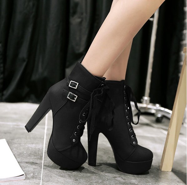 

Foreign trade winter fashion high heel dress shoe boots Martin boots round head retro belt buckles ultra, Brown