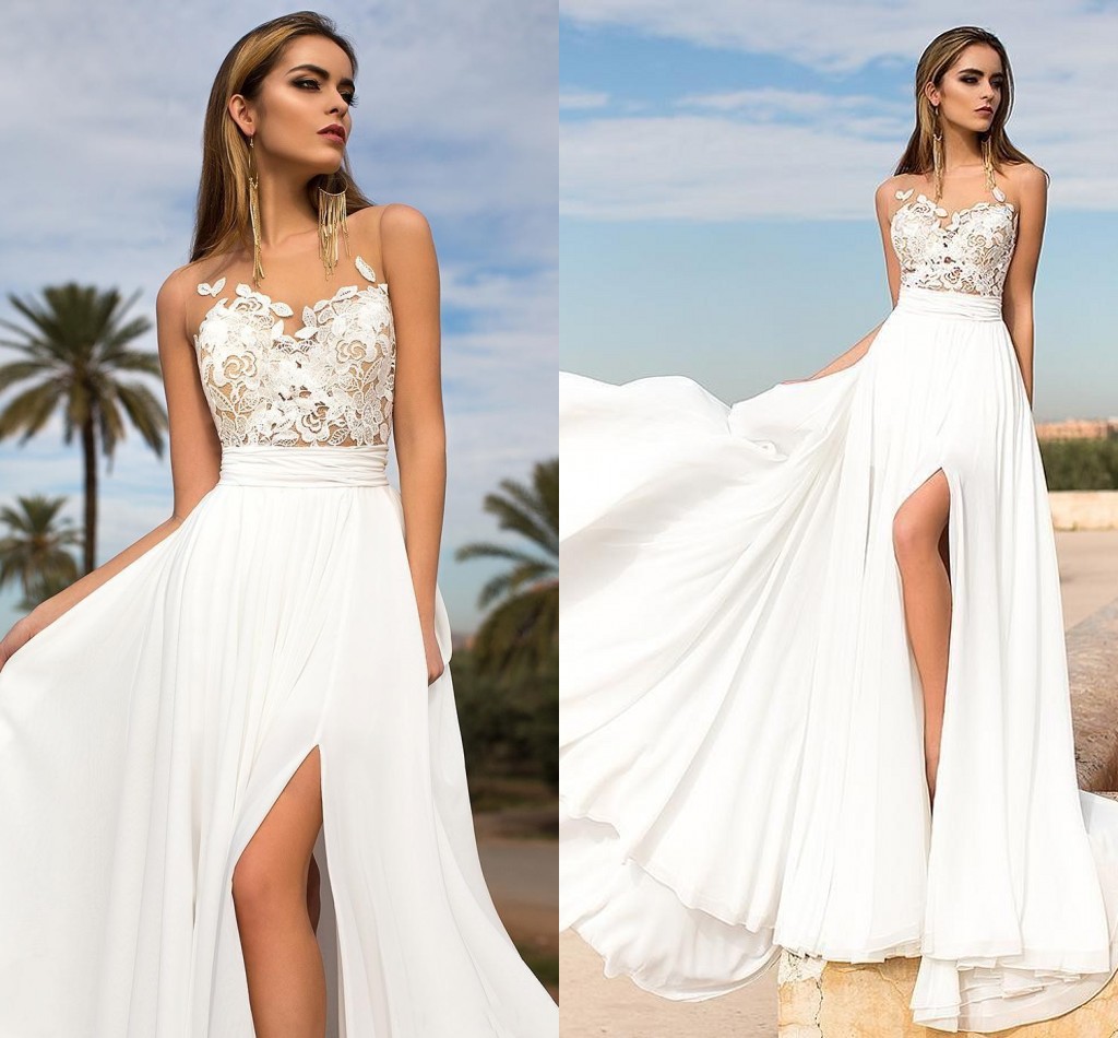 

2017 Cheap New A Line Wedding Dresses Jewel Neck Sleeveless Lace Appliques Chiffon Summer Beach Wedding Gowns Split Plus Size Bridal Dress, White