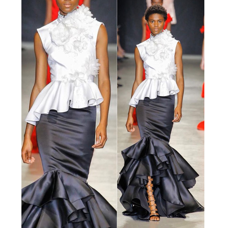 

Stunning High Low Mermaid Prom Dresses 3D Appliqued High Neck Peplum Evening Gowns Vestidos De Fiesta Satin Formal Dress, Dark navy