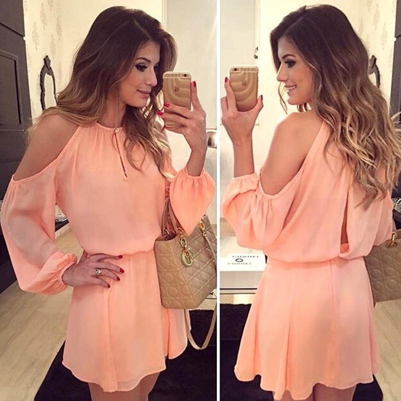 Vente en gros - Livraison gratuite femmes robe été 2016 nouvelle mousseline de soie découpée dos femmes robe hors épaule robe Une ligne robe déco