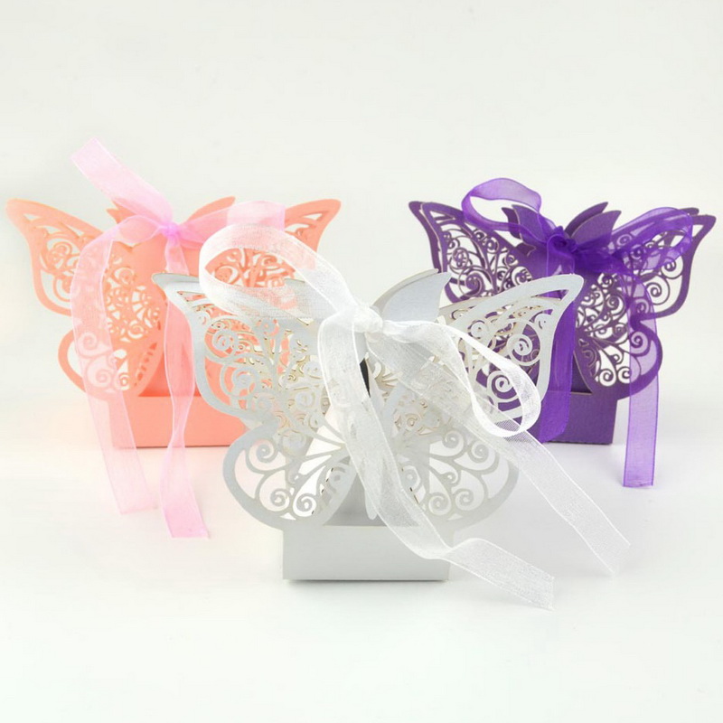 

Butterfly Hollow Paper Candy Boxes Holder Gift Bags with Ribbon Wedding Favor Baby Shower Boxes, Purple